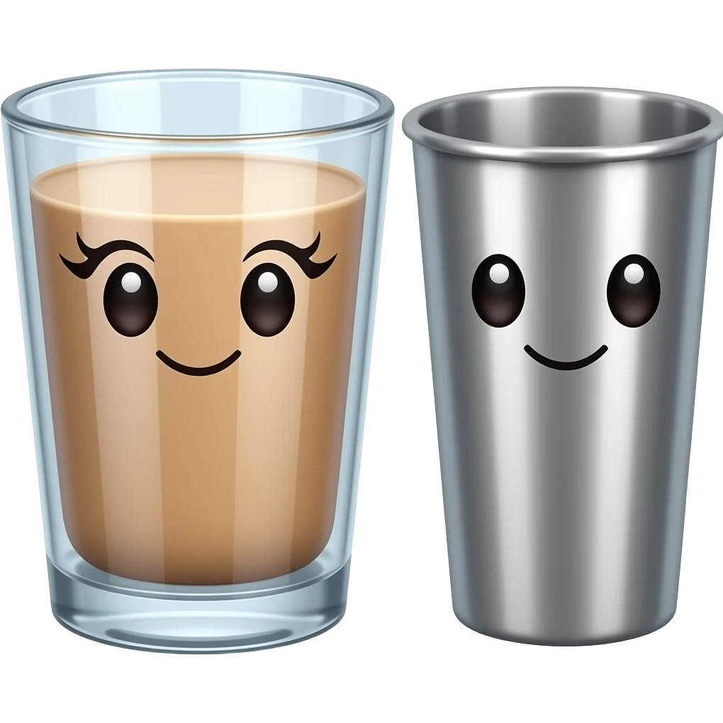 Fat glass cup with a cute face with eyelashes next to slim metal cup with a cute face without eyelashes emoji