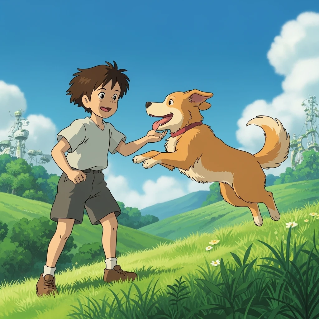 kid and his pet dog in studio ghibili style emoji
