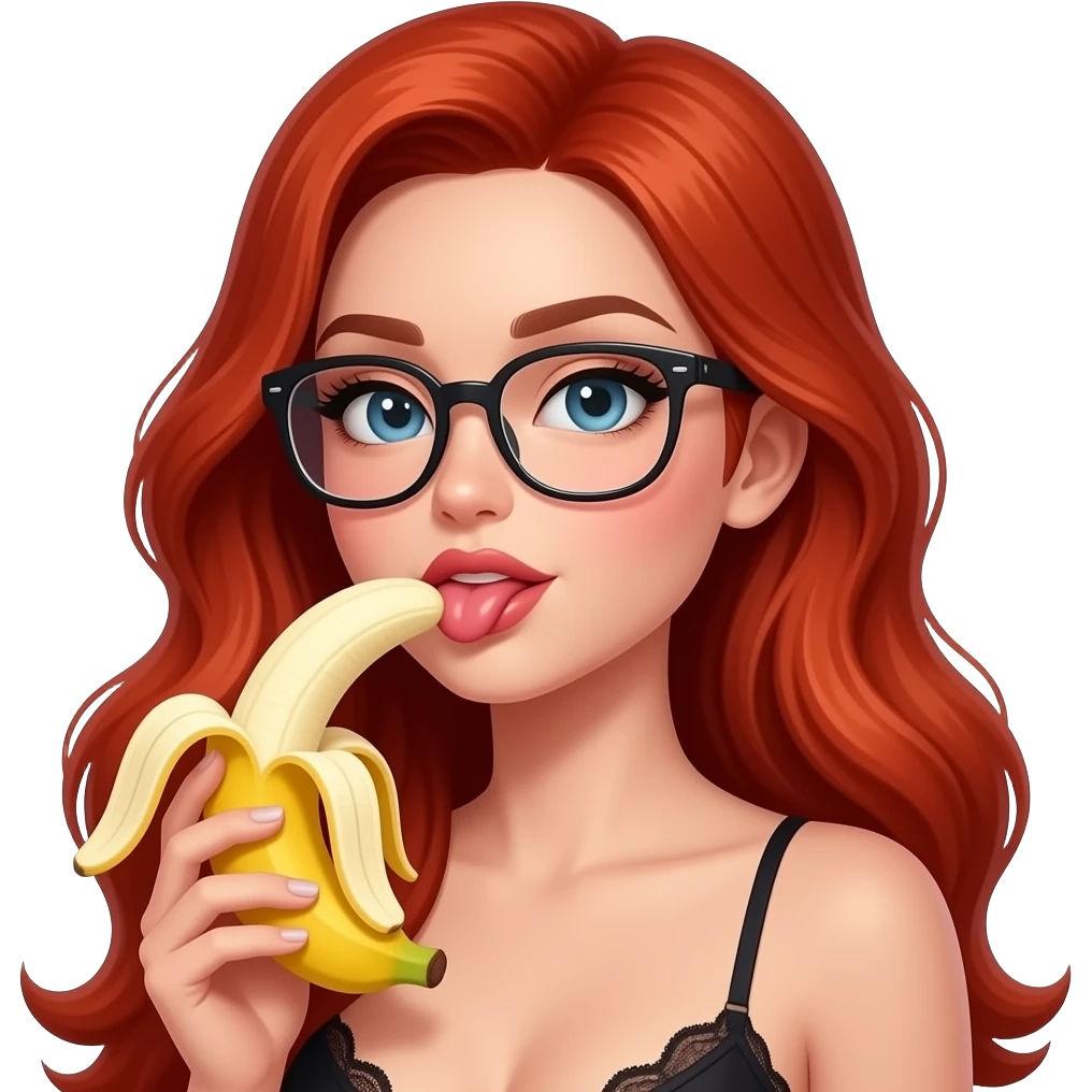 lei capelli rossi lunghi con occhiali, succhi la banana in modo sensuale con la lingua mentre lecca con intimo sexy sex position emoji