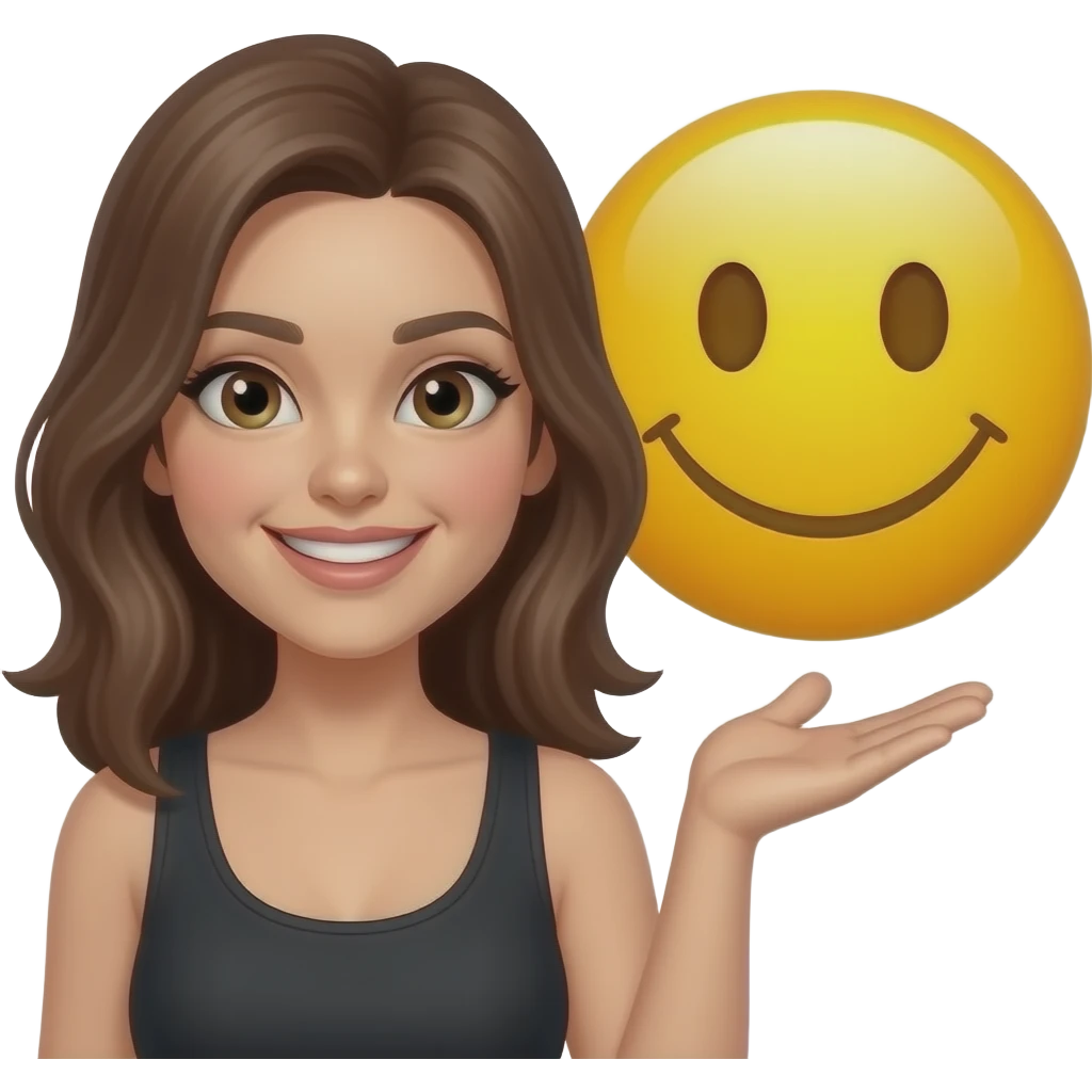 frau mit den mittellangen brauen haaren, sie grinst schelmisch, sie steht neben einem lachendem gelbem emoji emoji