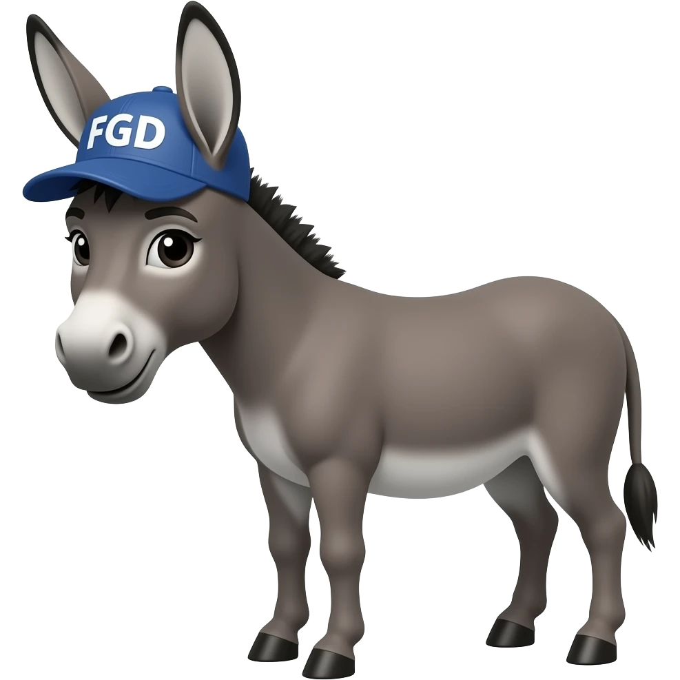 Donkey profile wearing a baseball cap with the letters FGD, 3/4 front view emoji