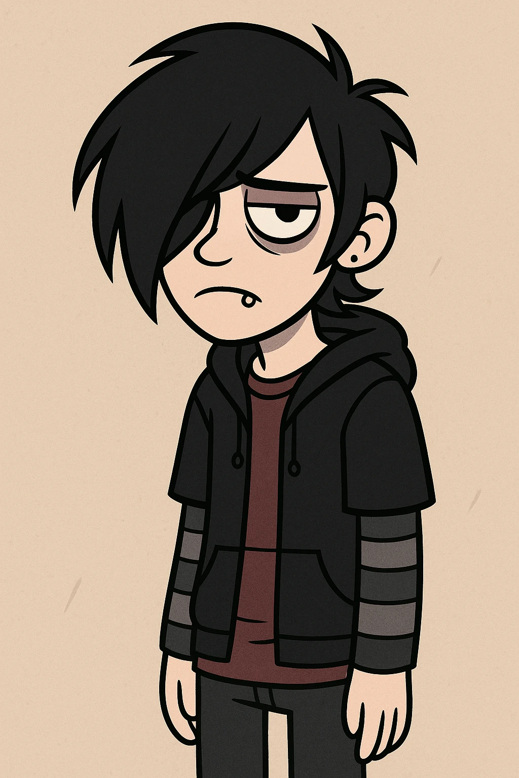 emo teen with dark hair covering one eye, stylized, melancholic expression, lip piercing, layered clothing, simple background emoji