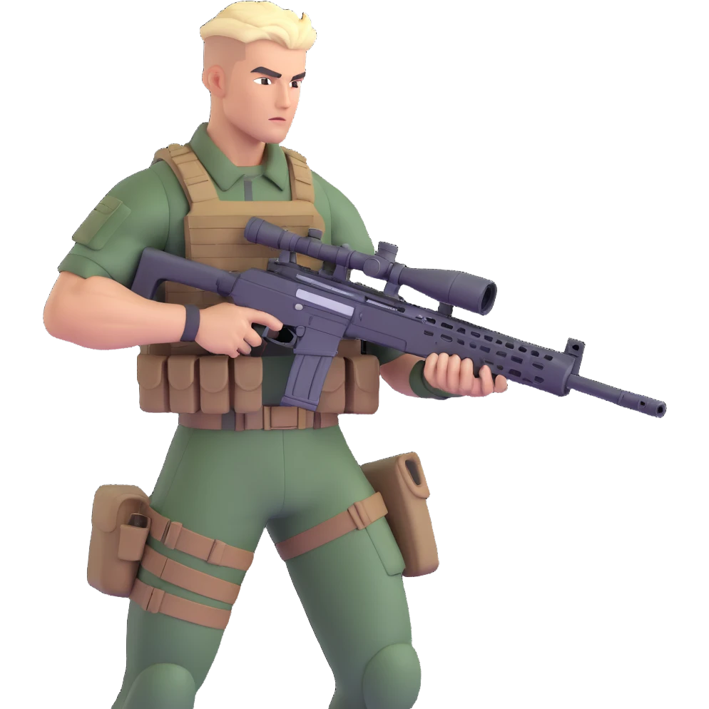 muscular soldier with a cool hairstyle holding a sniper rifle, dynamic pose, detailed uniform, action vibe emoji