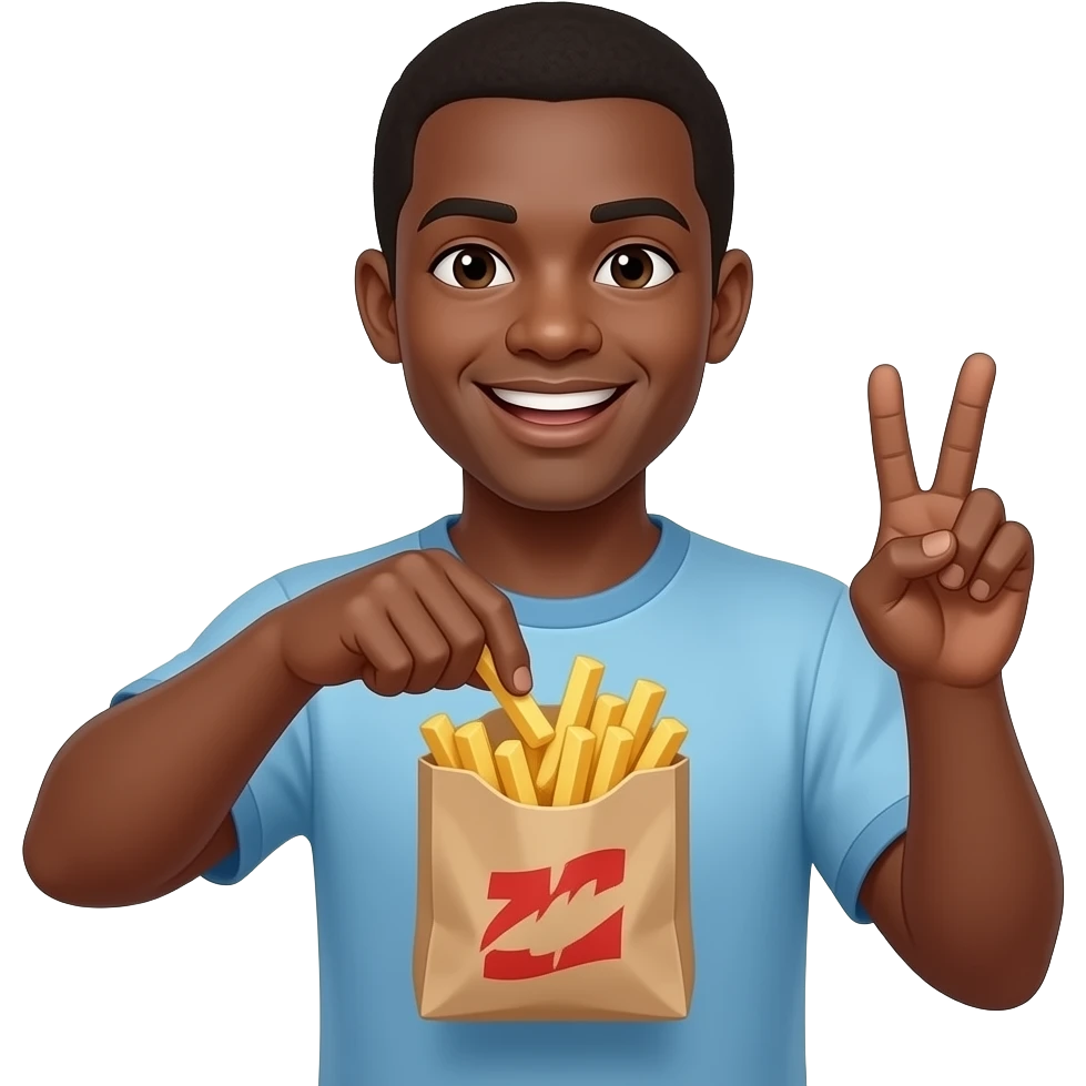 Black emoji Man putting fries in the bag smiling , holding up the peace sign emoji