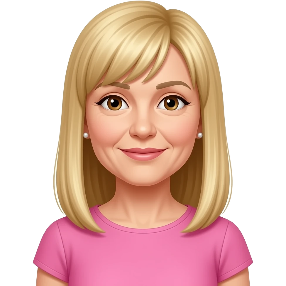 female, 50's blonde straight long hair with fringe, earrings, brown eyes, pink dress emoji