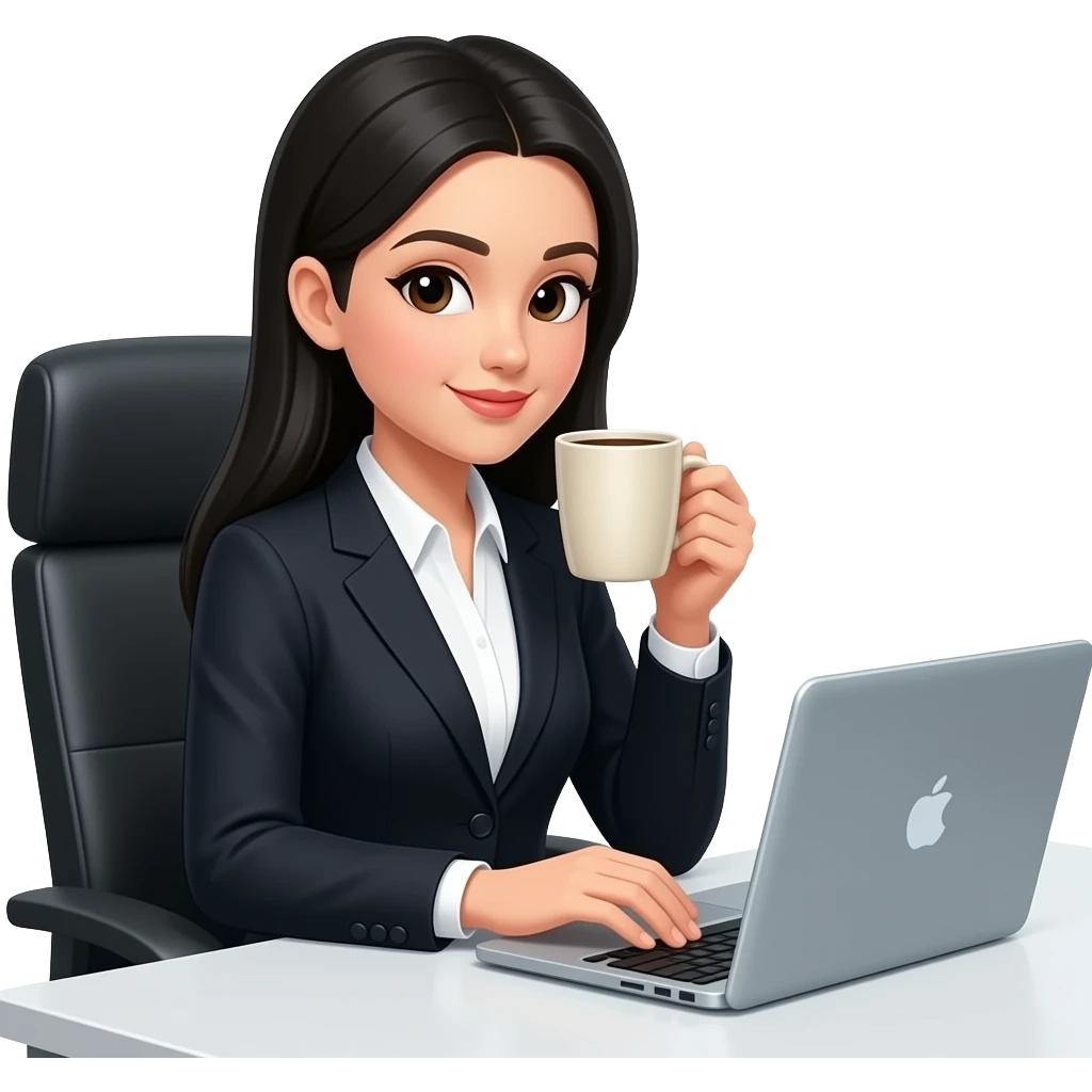 Secretary black hair computer and drinking coffee emoji