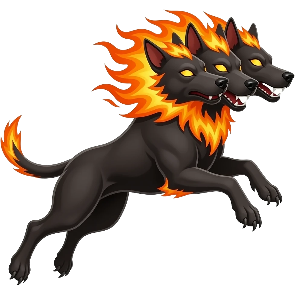 cinematic - cerberus, a three-headed evil flaming dog - jumping - that guards the gates of the underworld emoji