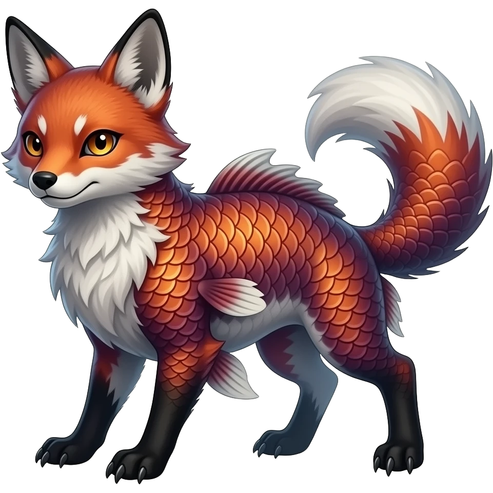 Feral Rare Fantasy scaly evil spooky vibrant dark shady shaded detailed koi-fish-colored colorful Vernid-Sergal-Genet-Trico-Fox-species by LiLaiRa, with dark-blackish points, white belly, random markings, tufted tail, tufted ears, full body emoji
