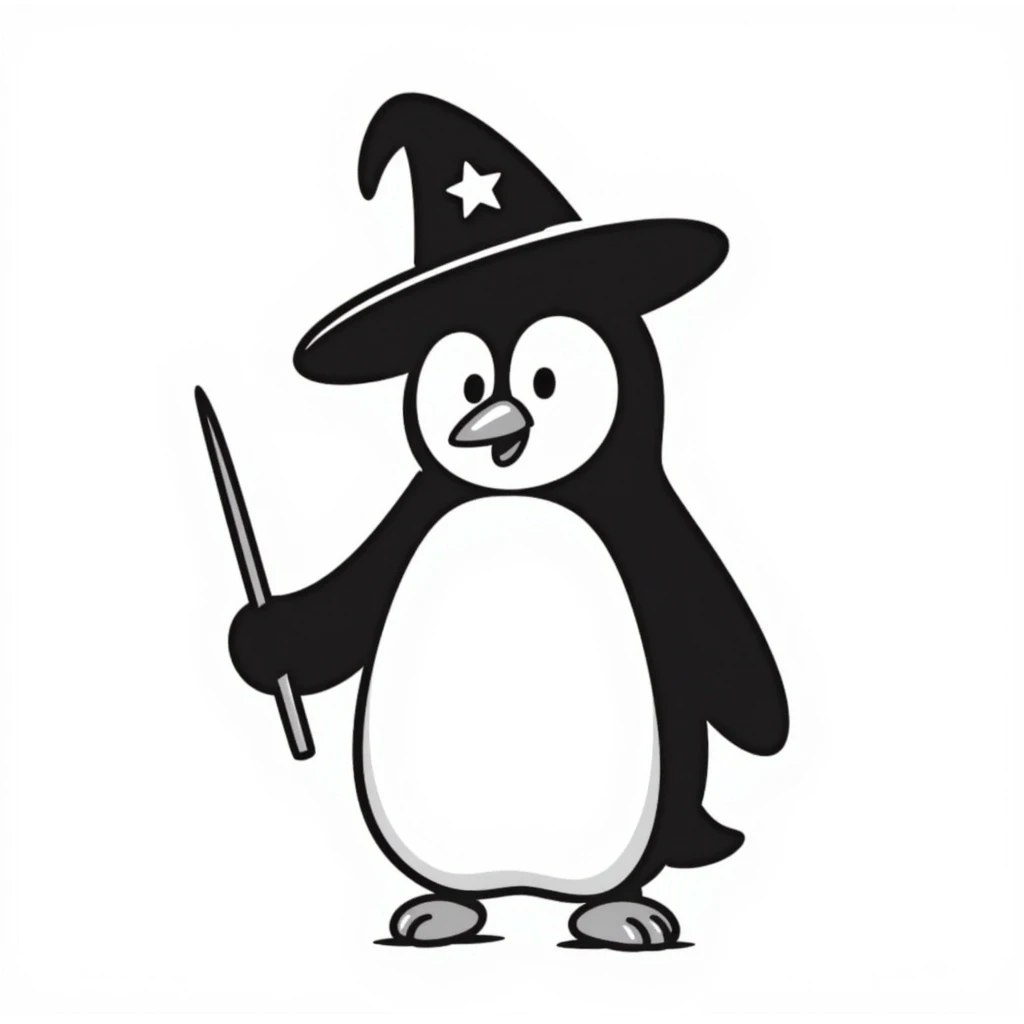 A penguin wizard with a pointy hat and a magic wand emoji