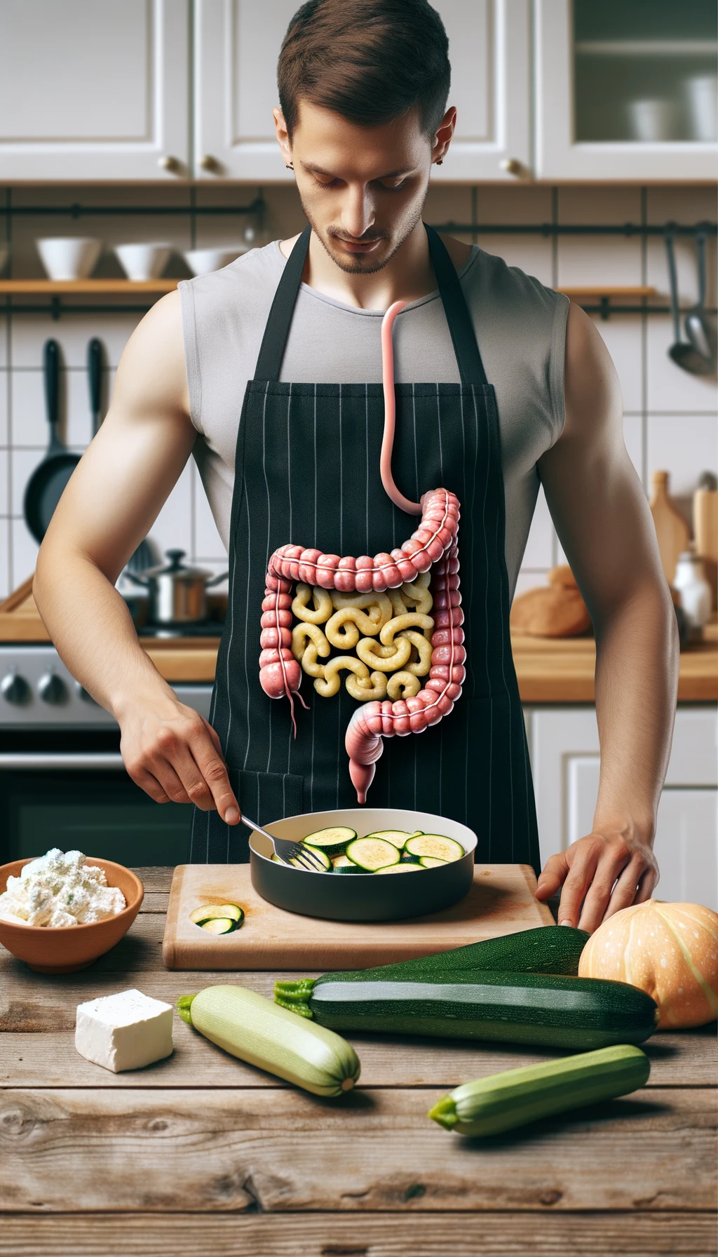 corpo umano con capelli corti con grembiule nero che cucina una ricetta con zucchine, gnocchi e ricotta, intestino realistico in evidenza, cucina sfocata sullo sfondo emoji