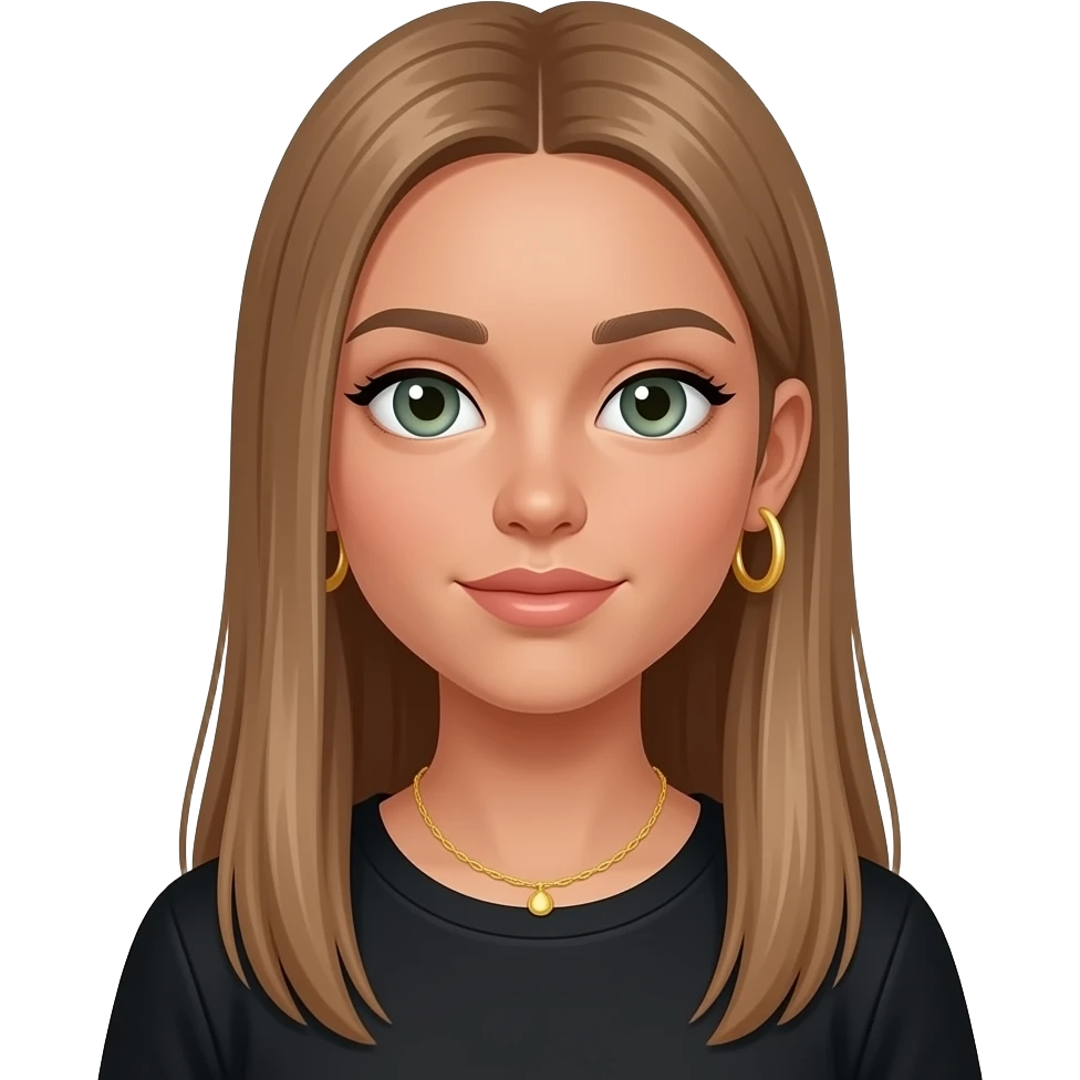 17 year old girl with straight very long light brown hair, green-grey eyes, tan skin, gold hoop earrings, dainty gold necklace, wearing a black top emoji