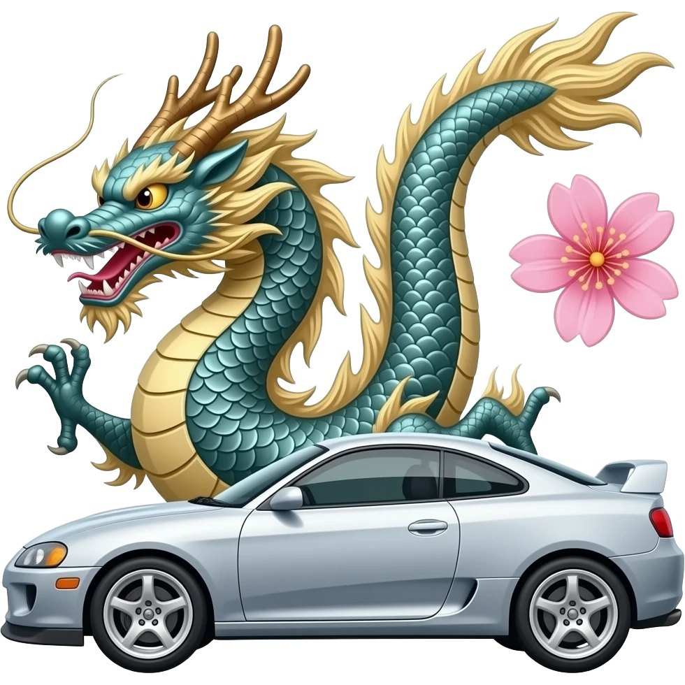 un carro toyota celica cuarta generacion con un dragon grande al lado de sticker en el auto con flores de sakura emoji