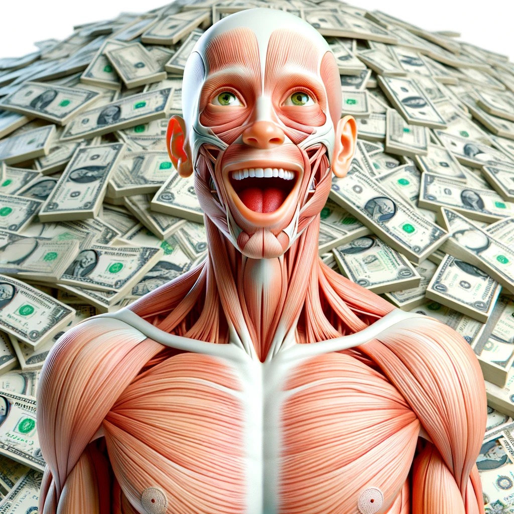 corpo umano anatomico sereno e felice con una montagna di banconote davanti, espressione stupita, iperrealistica 4k, isolato su sfondo bianco emoji
