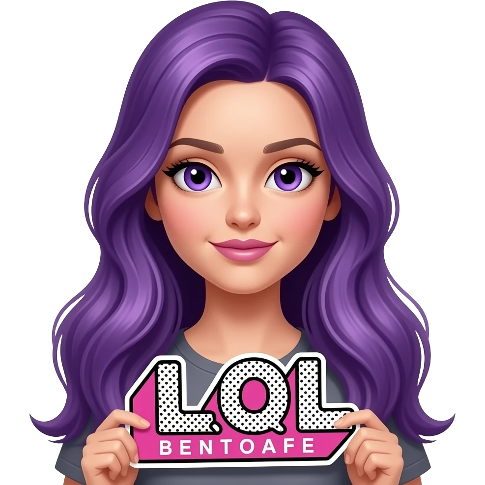 sexy girl with long purple hair and purple eyes holding a L O L sign emoji