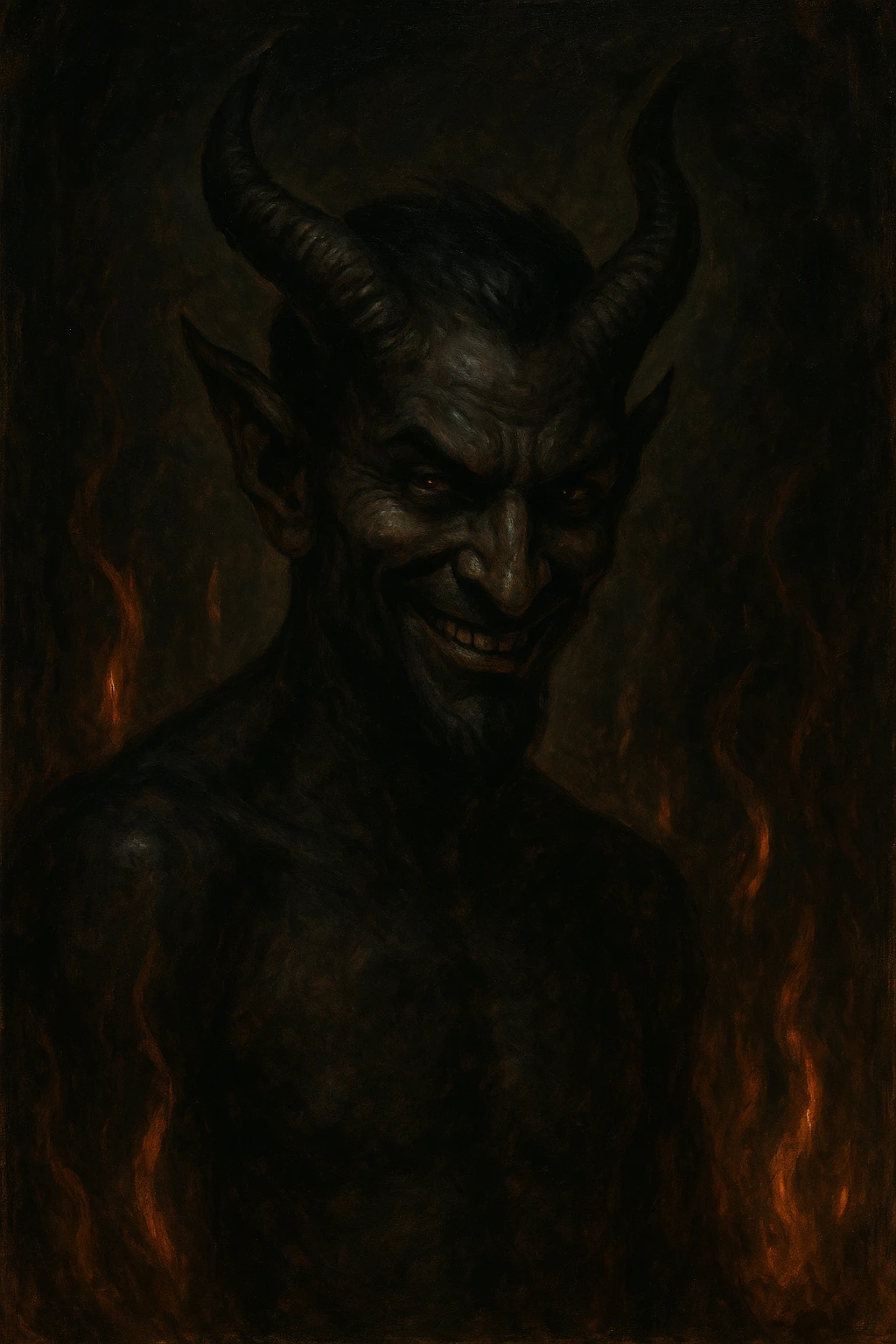 Sheitan, a classic demon with dark features, pointed ears, sly grin, surrounded by subtle flames emoji