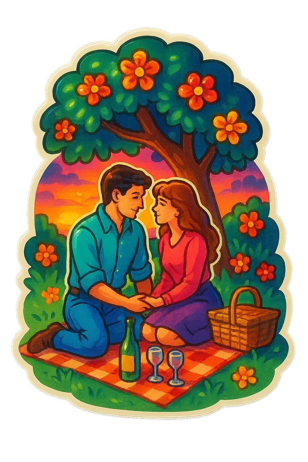 A romantic scene, vintage setting, bright colors emoji