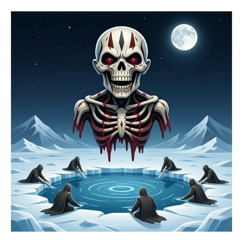 iron maiden eddie mascot - deformed mutant corpse hovers over frozen landscape - a Gustave Doré piece, depicting traitors frozen in a lake of ice in the ninth circle of Dante's Inferno emoji