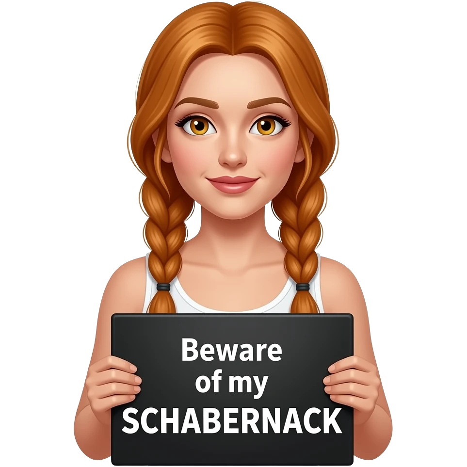 sexy girl with long ginger braids and ginger eyes wearing a white tanktop is holding a black sign with Beware of my SCHABERNACK written on it emoji