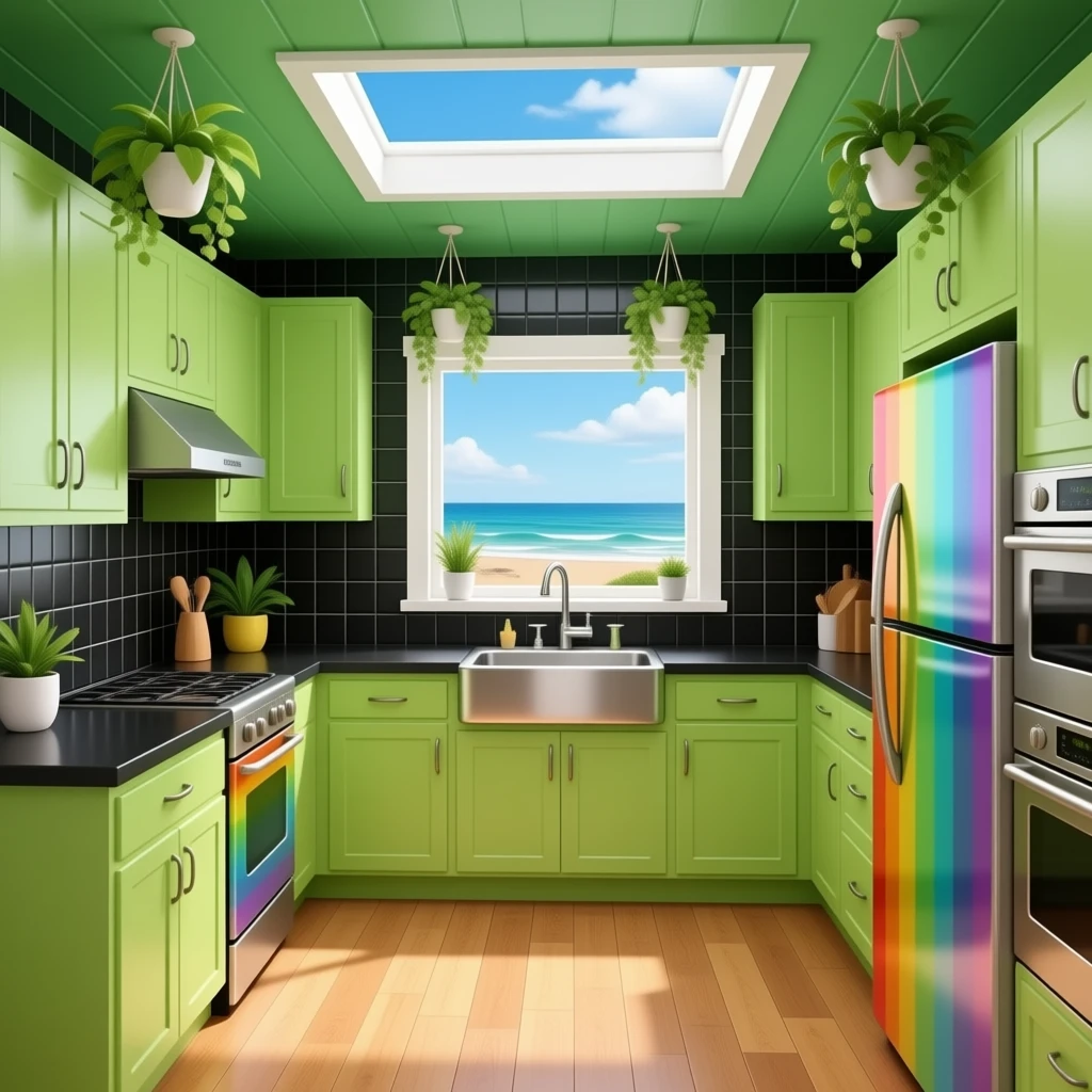 fancy kitchen with black wall tiles, lime green cabinets, rainbow metal appliances and metal sink, black countertops, wood floors, leaf green colored ceiling with a skylight, hanging decorative plants from the ceiling and views of the beach emoji