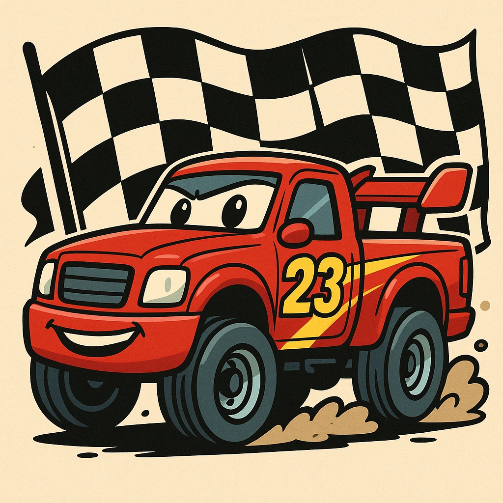 race truck with a checkered flag background, cartoon style emoji