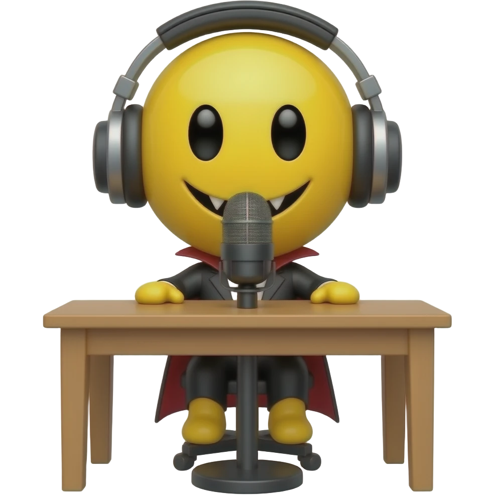 Vampire yellow smiley face no hair and no desk with headphones and a standing desk microphone emoji