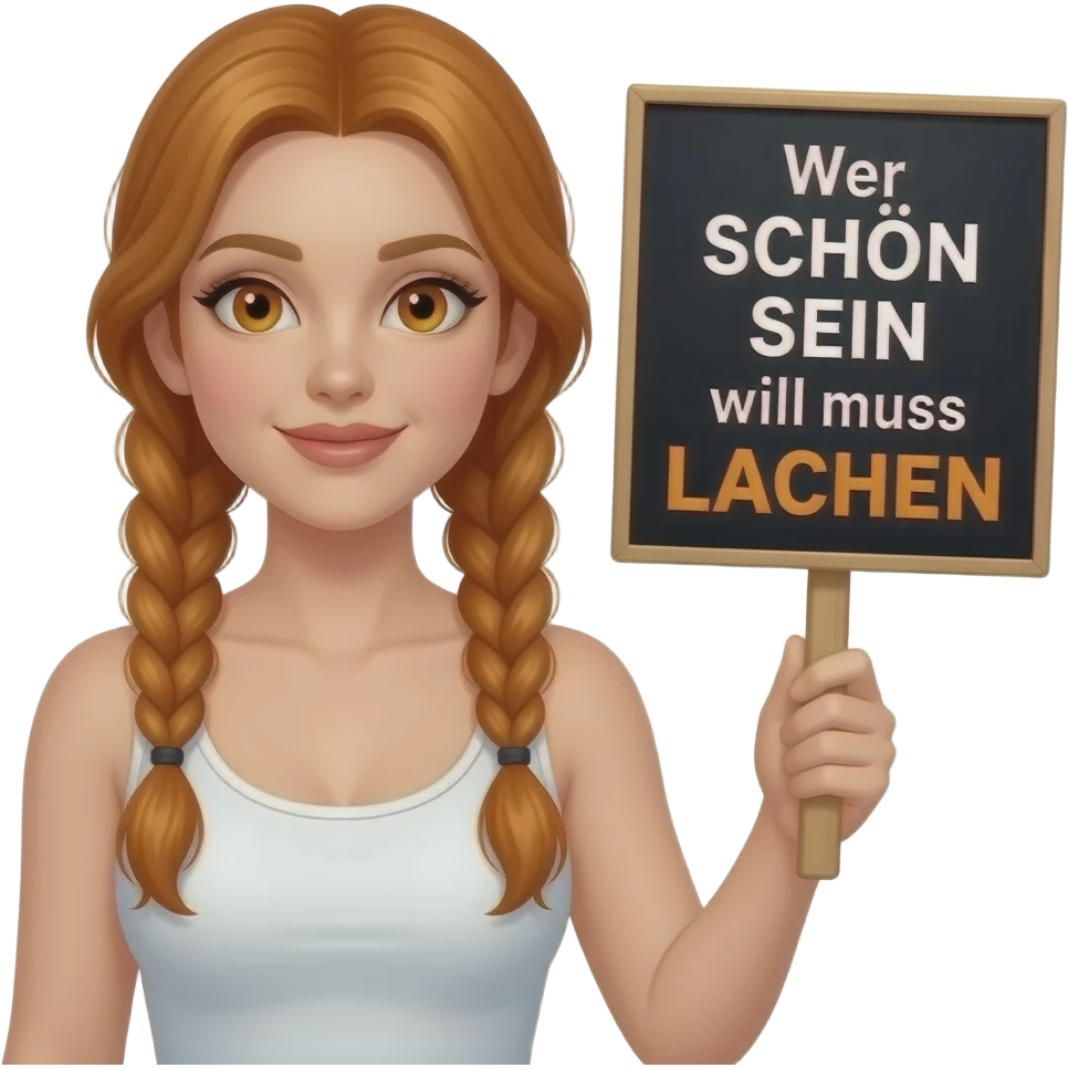 sexy girl with long ginger braids and ginger eyes wearing a white tanktop is holding a black sign with Wer SCHÖN SEIN will muss LACHEN written on it emoji