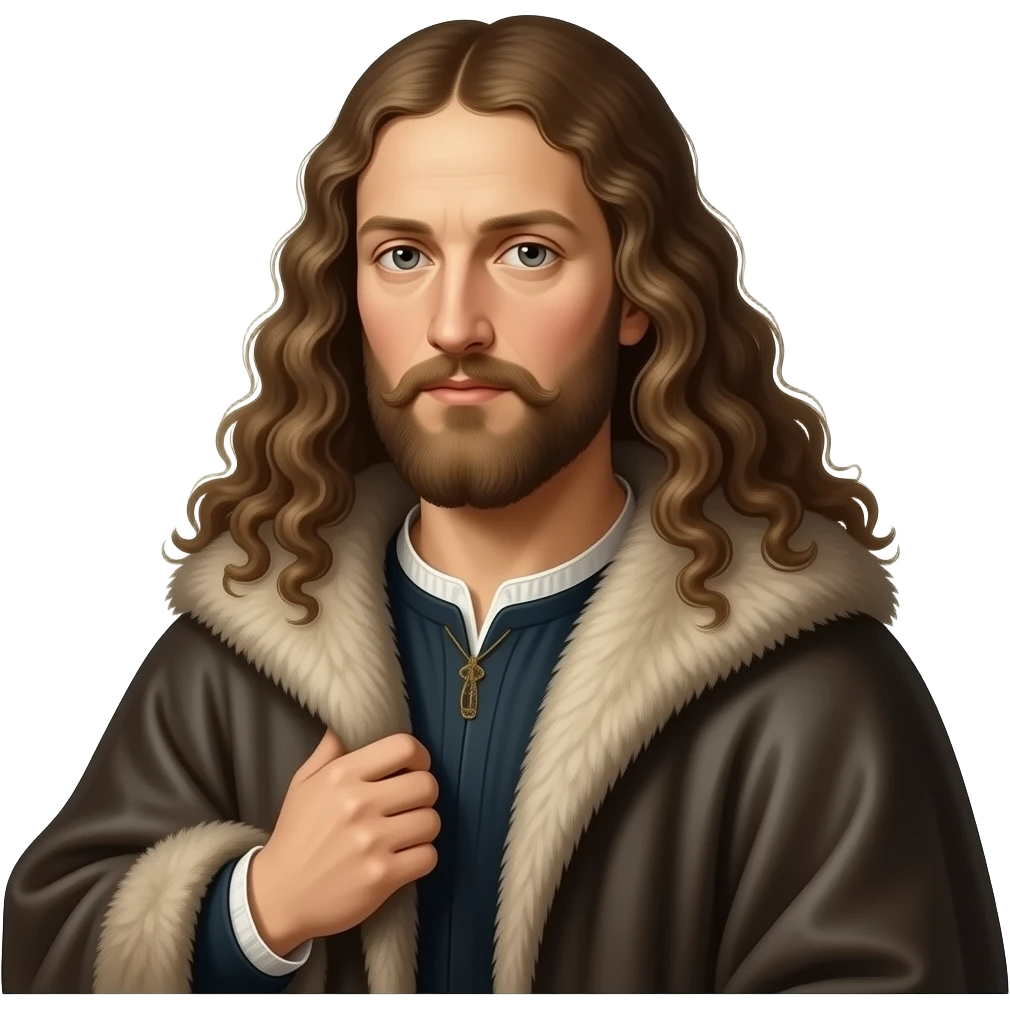 en face penetrating balanced, dried up Albrecht Dürer Renaissance self-portrait with very very long curly hair in a bordo cloak with a fur collar, in Renaissance dress, holding the fur collar with his left hand - an icon of Christ Himself emoji