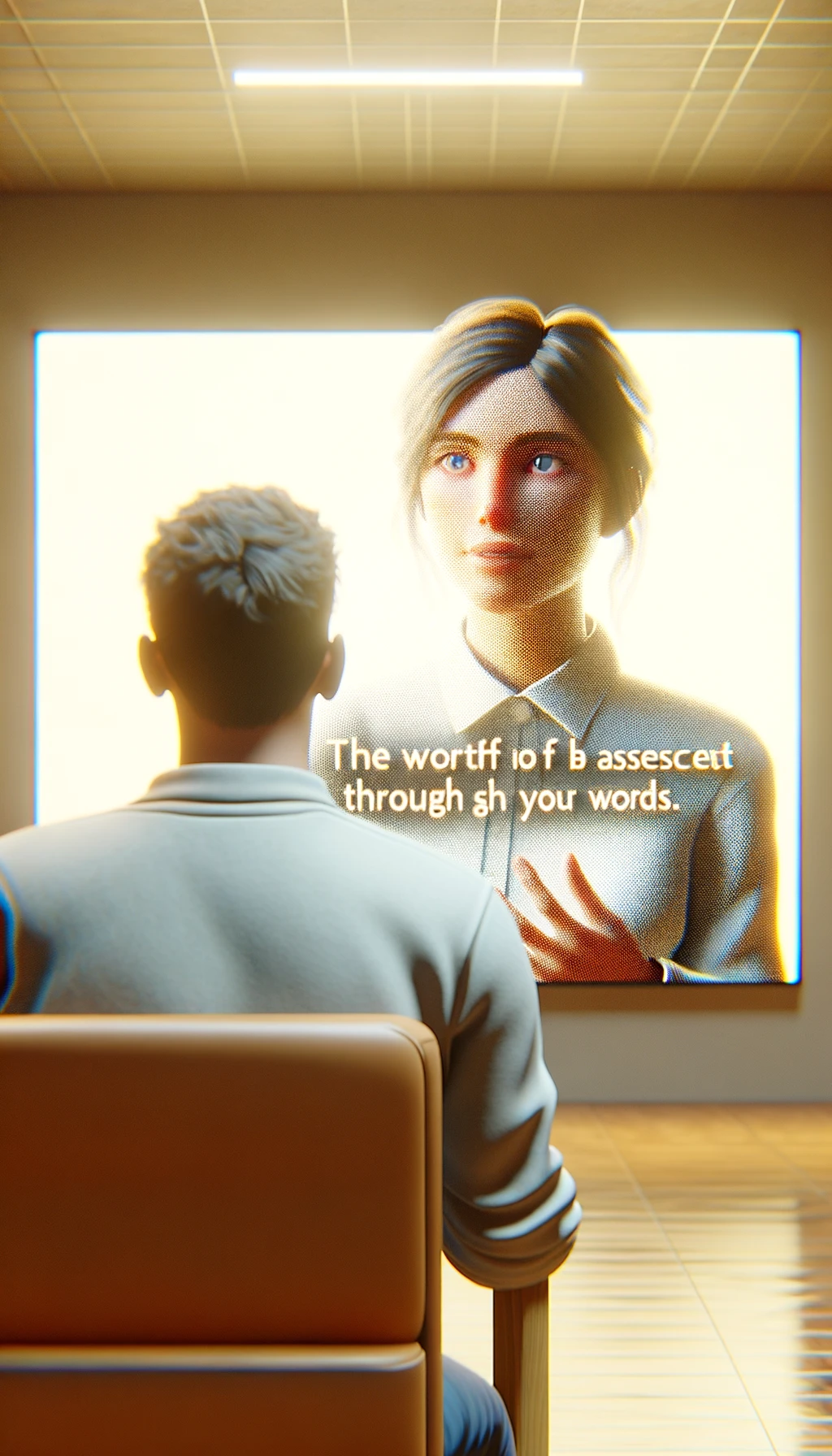 una persona parla e un altra persona di spalle lo ascolta, il significato dell'immagine è che dalle parole si capisce il valore della persona, immagine iperrealistica 4k, sfondo chiaro emoji