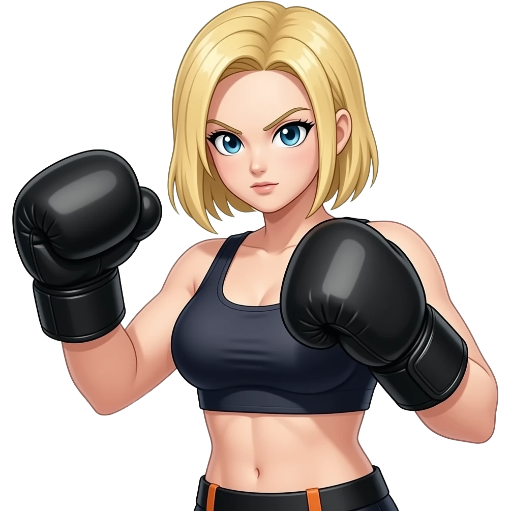 Breast boxing, blonde shoulder length haired female, android 18, from dragon ball super, in the black boxing gloves emoji