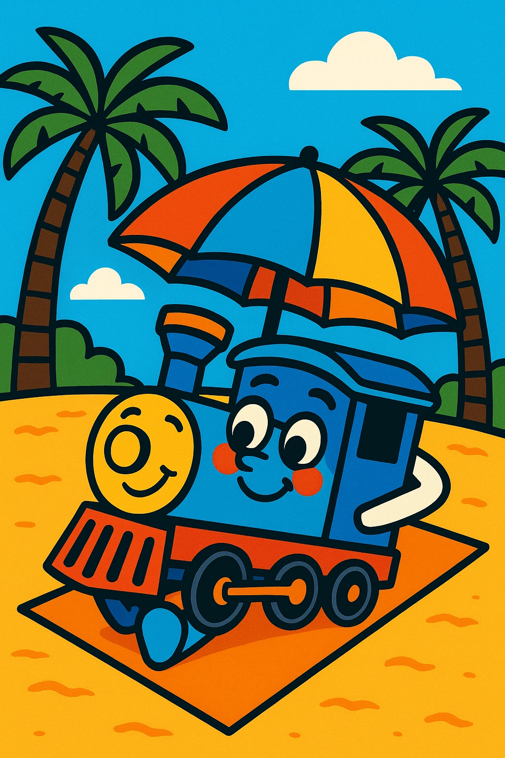 a train on vacation, relaxing on a beach, fun illustration, vibrant toon, bright and cheerful emoji