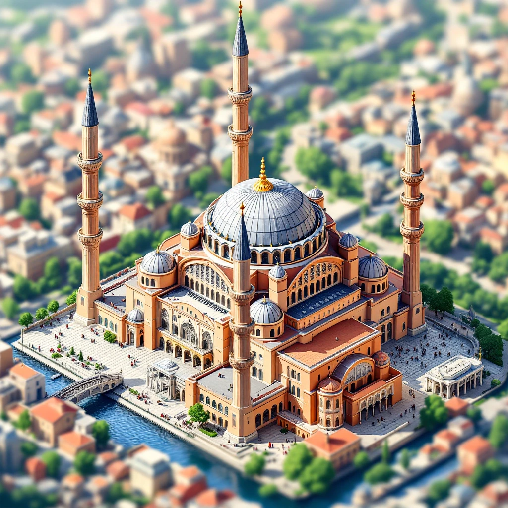 Isometric illustration of Istanbul, featuring real photorealistic Hagia Sophia with ts large central dome and four tall minarets, with real transparent background emoji