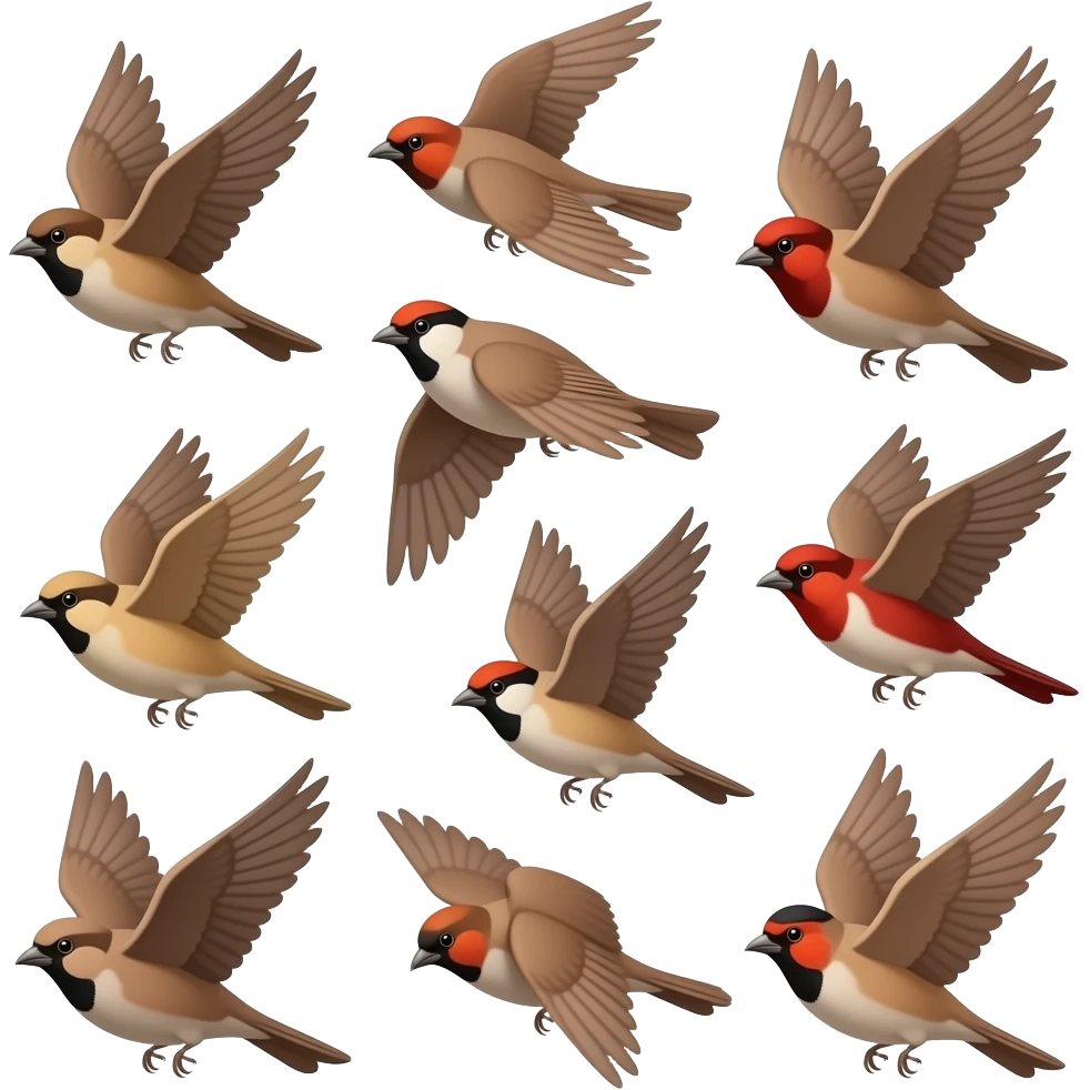 A 2D render iPhone emoji icon of a detailed Brown and red color 3D Render iPhone emoji png of a flock of brown and red color songbirds flying in the air emoji