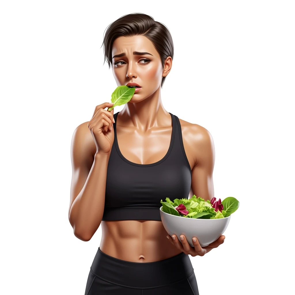 DONNA FITNESS CON INSALATA IN MANO MENTRE TIENE UNA FOGLIA DI INSALATA IN BOCCA CON ESPRESSIONE TRISTE, iperrealistico 4k, ISOLATA SU SFONDO BIANCO emoji