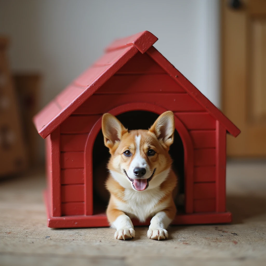 realistic red dog house with a Corgi dog inside, Corgi with a kitten, photorealistic style emoji