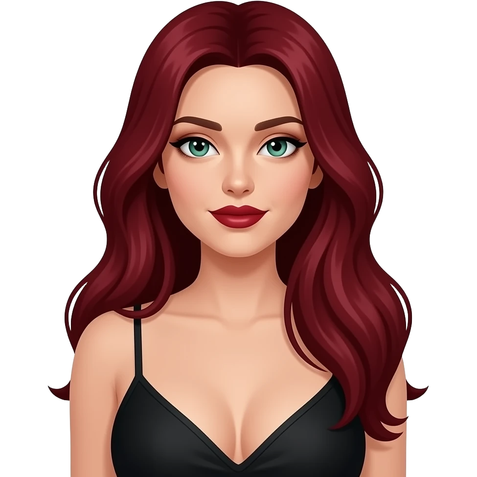 Weiblich, sehr lange sehr dunkelrote Haare, helle Hautfarbe, dunkelroter lippenstift, dunkelgrüne augen und ein schwarzes top und große oberweite emoji