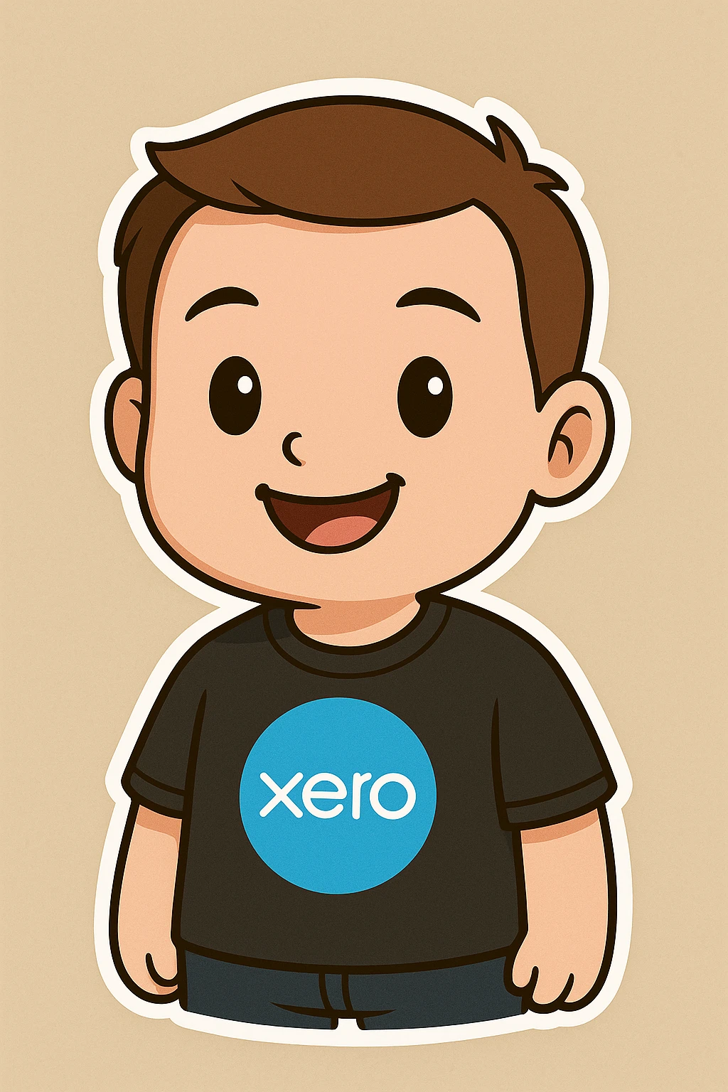 Make the man smile, keep the cartoon style, brown hair, no beard, no glasses, black Xero software company t-shirt, same pose and style as reference. emoji