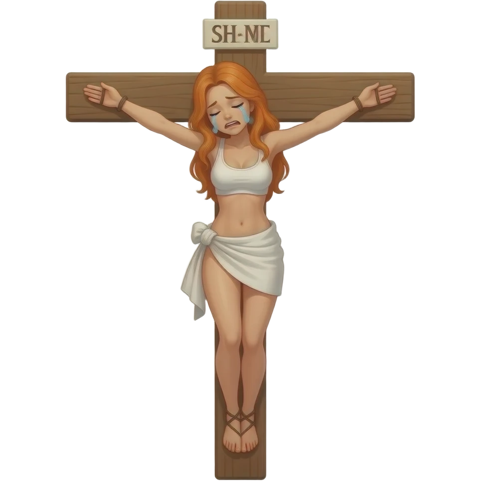 Woman crying with orange hair and brown eyes being crucified on a cross Zoomed out whole body emoji