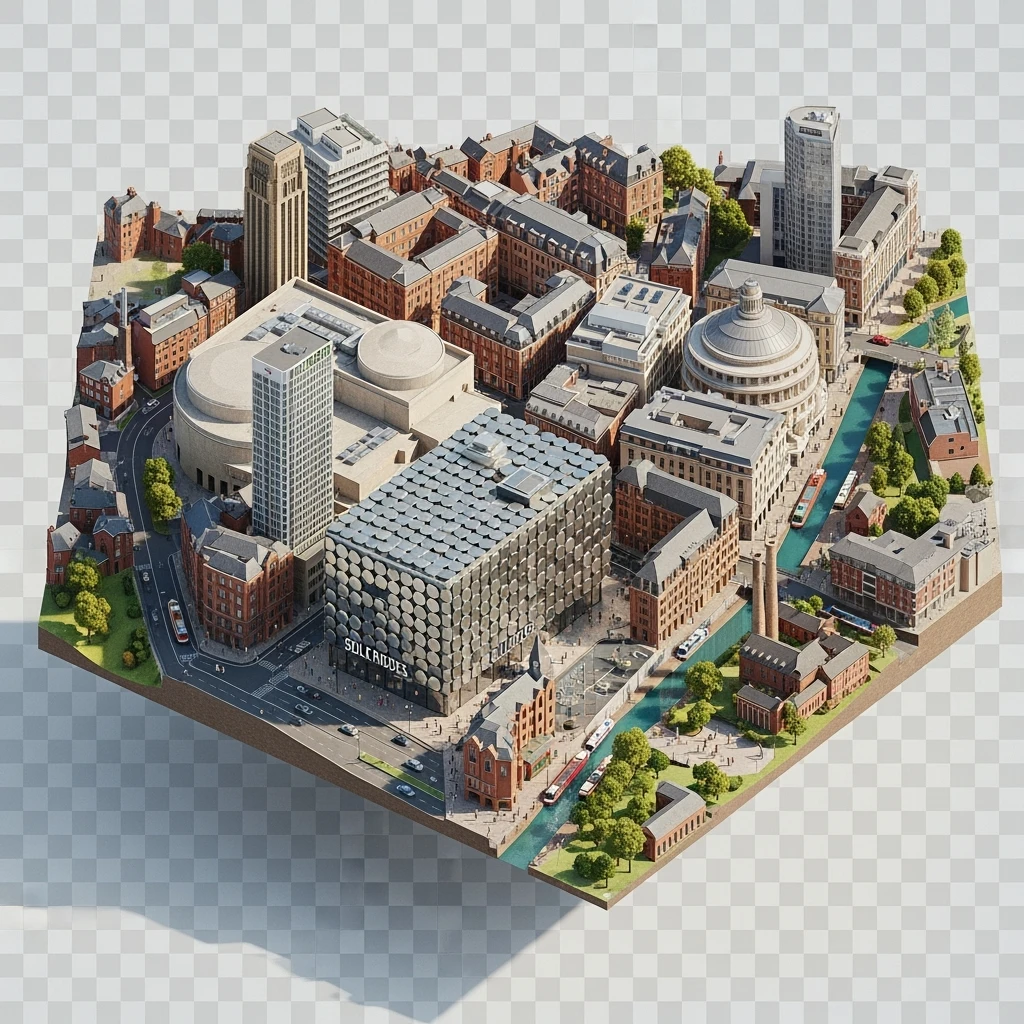 Isometric illustration of Birmingham, balanced between stylized and realistic, 3D miniature effect, transparent background. emoji