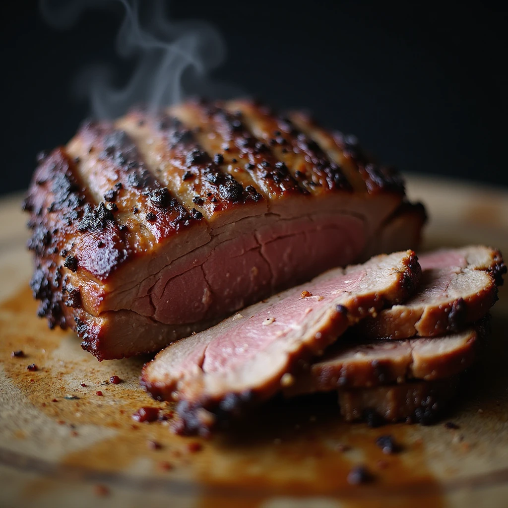 smoked beef brisket, whole piece with bark, sliced ends, steam rising, mouthwatering, no text emoji