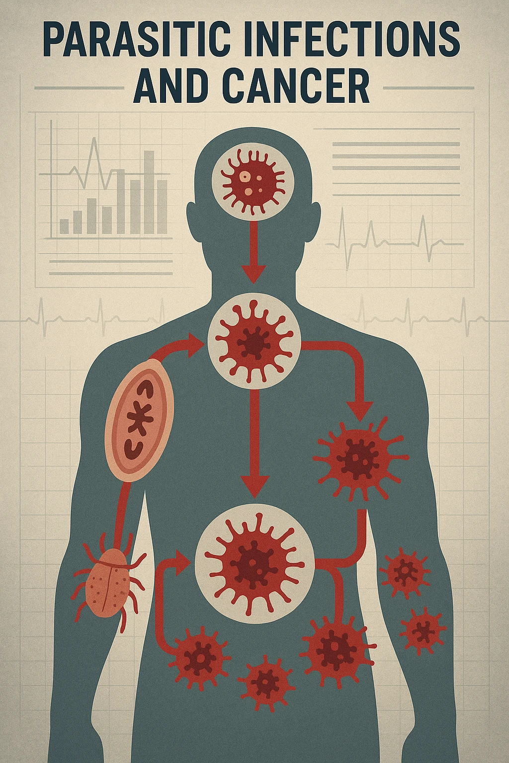 a man’s silhouette is filled with stylized images of parasites and tumor cells, connected by red lines or arrows to show cause and effect. The background features a medical chart or infographic about the dangers of untreated parasitic infections. The overall tone is serious and educational. scritto in italiano emoji