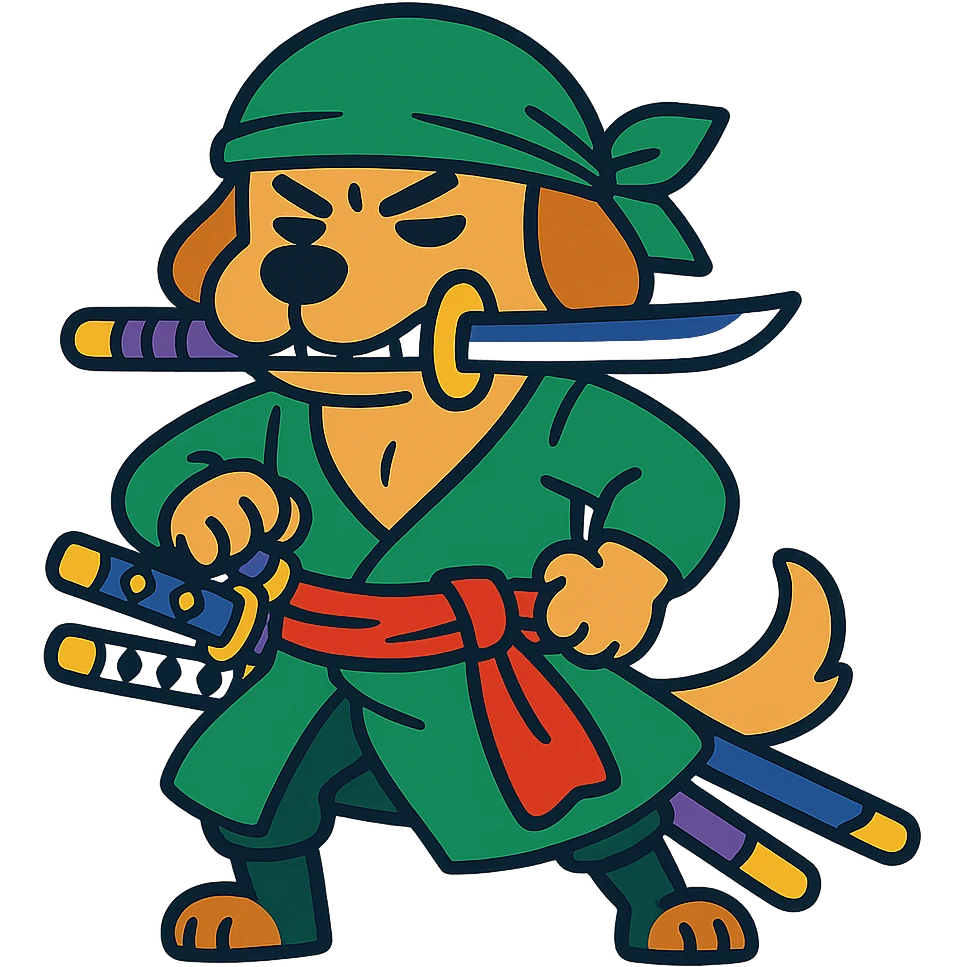 dog dressed as Zoro from One Piece, green bandana, three swords, confident pose, vibrant colors emoji