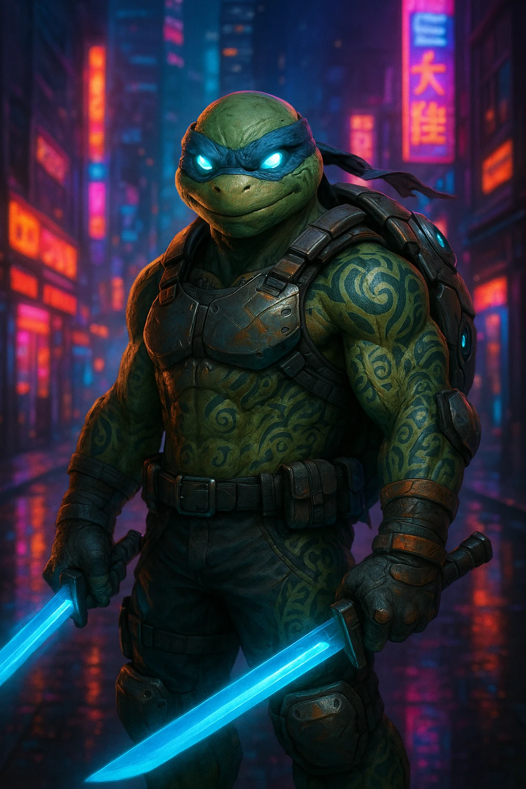 Original humanoid turtle mutant wearing futuristic street armor, glowing eyes, tribal tattoos, wielding dual energy blades, tech shell, confident and rebellious personality, neon cityscape background, not inspired by any franchise. emoji