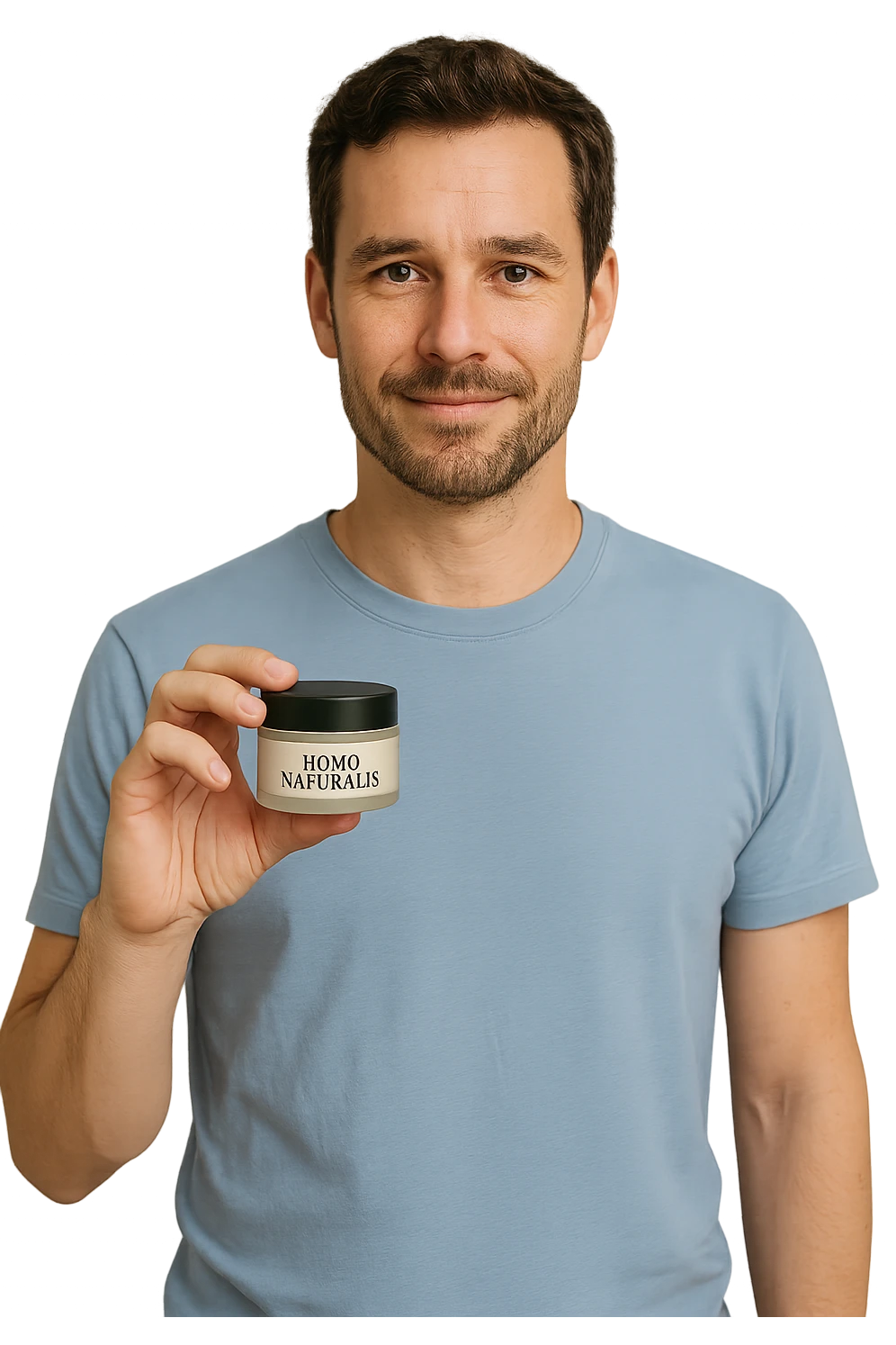 uomo con in mano un prodotto crema di marca "Homo Naturalis" emoji