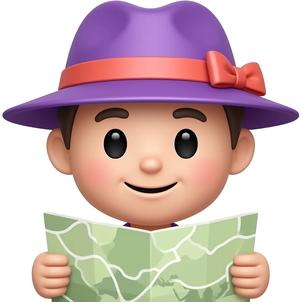 Round smiling emoji face, lilac hat, coral accents, holding a map, portrait, close-up, happy expression, Apple emoji style, predominantly lilac with coral accents, genderless emoji