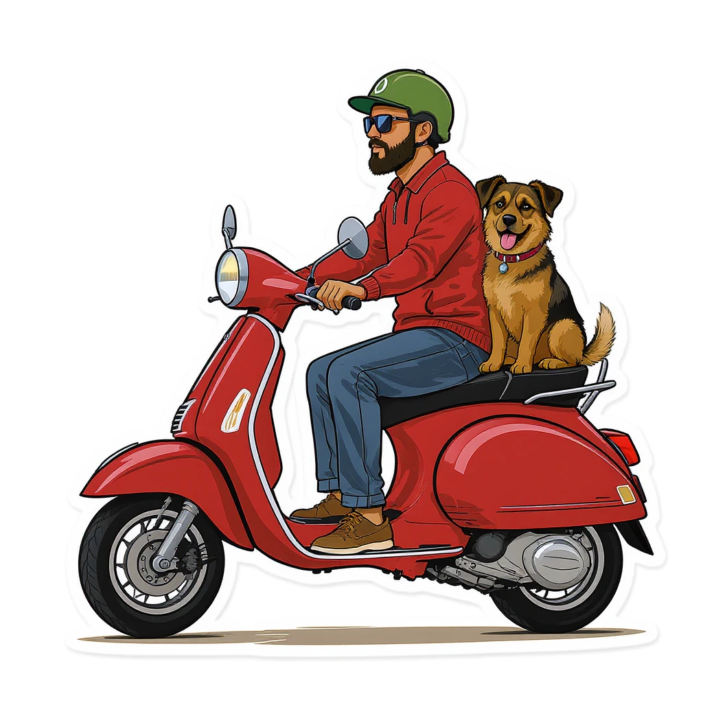 vector art of a man and his pet dog riding a vespa, for website design  emoji