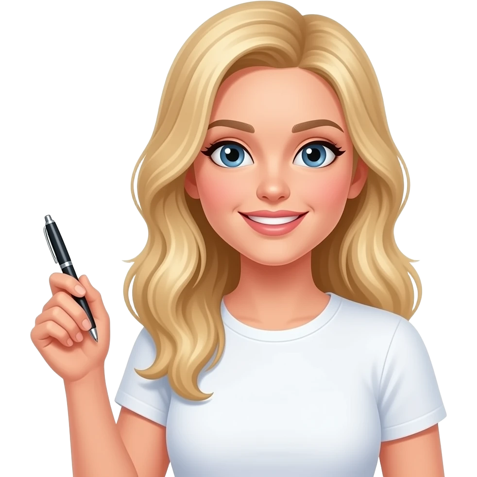 strawberry blonde fair skinned long hair woman in white tshirt holding a pen emoji