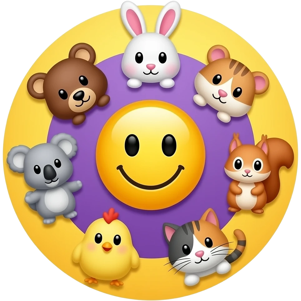 emoji yellow smiley in the center,serounded in a circle  with 🐻🐰🐹🐨🐥🐿 🐈 yellow and purple background emoji
