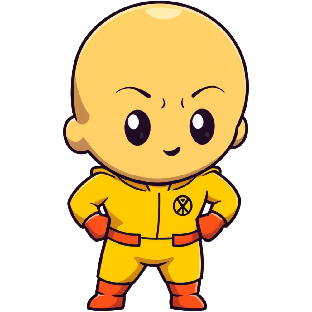 Saitama with blank face from One Punch Man, plain expression, bald head, simple round eyes, yellow hero suit, comical anime look emoji