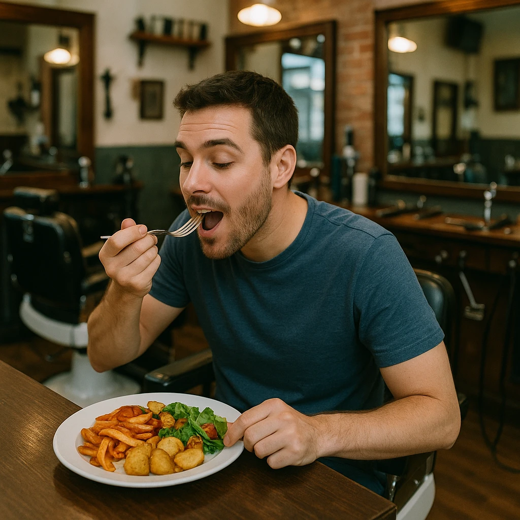 manashu odam sartarosh xonada ovqat yeyayotganini chizib ber emoji