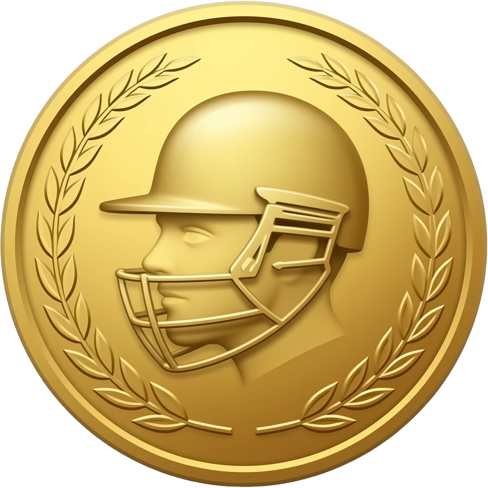 gold coin with head of a cricket batter in helmet in center and thin laurel inside coin emoji